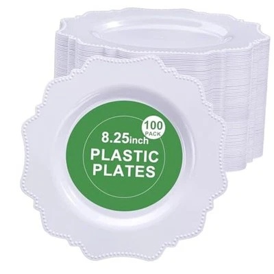  100 шт. белых пластиковых десертных тарелок — 8,25 дюйма — тяжелые 8,25-дюймовые тарелки, белые A - Изображение 1 из 4