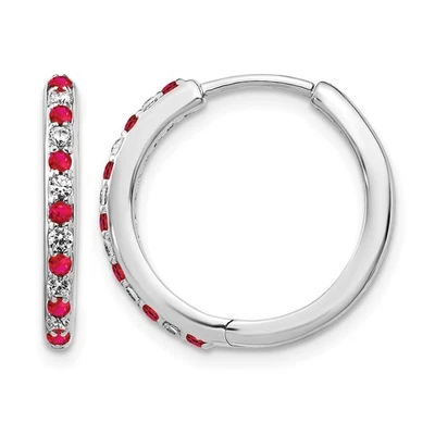 14k White Gold 1/5Ct Lab Grown Diamond and Lab Created Ruby Hinged Hoop Earrings - Image 1 of 4