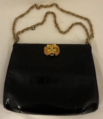 Vintage The ELAINE SHOP Black Leather PURSE  Gold Chain Strap Gold Lion Clasp - Image 1 of 4
