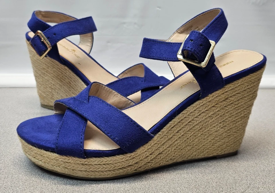 Sandalias de cuña Montego Bay Club para mujer talla 9,5 azules dedos abiertos cuerda correa para el tobillo Foto 1 de 4