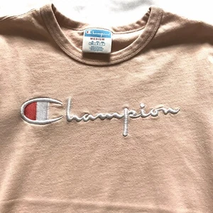 Champion Tee T-shirt Crop Top Spell Out S/S Blush Pink SZ M Medium Cotton EUC - Picture 1 of 8