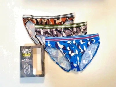 Cuecas camufladas de náilon Andrew Christian tamanho S pacote com 3 - Preto/azul/marrom - Imagem 1 de 3