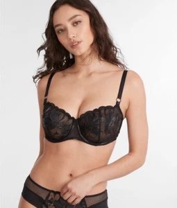 NEW $118 CHANTELLE 12Q5 FLEURS UNDERWIRE DEMI BRA FAUX LEATHER BLACK SZ 32DD - Picture 1 of 4