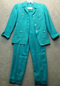 Dana Buchman 2 Piece Suit Women's 6P Blue Silk Pockets Notch Lapel Button Front - Picture 1 of 17
