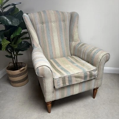 Vintage Laura Ashley Button High Back Wing Arm Chair Striped Upholstery. - Image 1 of 4