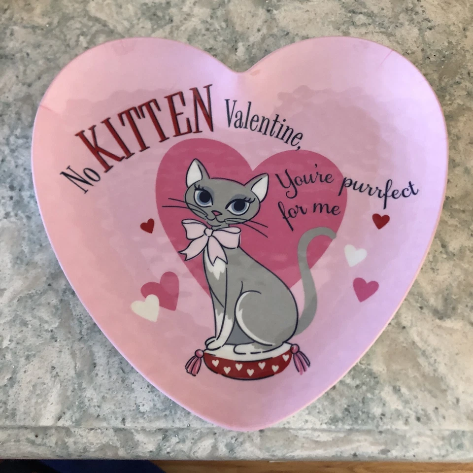 Pottery Barn Kids Melamine Valentine Kitten Purrfect Heart Plate~NEW - Image 1 of 1