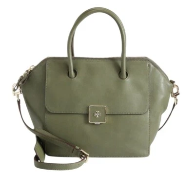 $598 TORY BURCH Clara Satchel Crossbody Bag Olive Green Leather Designer Purse - Image 1 of 4