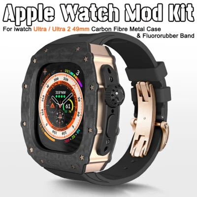 Carbon Fibre Case Fluororubber Band For Apple Watch Ultra3/2 Strap 49mm Mod Kit - Image 1 of 4