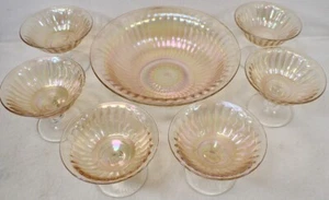 Imperial Glass Marigold Carnival Smooth Rays Bowl & (6) Sherbet Dessert Cups - Picture 1 of 12