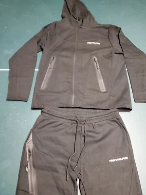 Conjunto de sudadera con capucha y jogger negro con cremallera completa ropa deportiva rosa Dolphin Script para hombre Foto 1 de 4