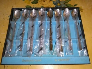 SET 12 TEELÖFFEL Vintage COSMOS Edelstahl Muster Nussbaum Soiree  - Bild 1 von 5