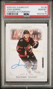 Josh Norris PSA 10 ROOKIE 2020 UD Clear Cut Champs Auto on card Senators - Picture 1 of 2