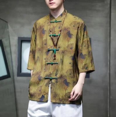 Men's Youth 2024 Retro Chinese Painting Stand Collar 3/4 Sleeves Tang Shirt 7169 - Image 1 of 4