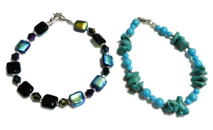 x2 Beaded BRACELETS - Faux Turquoise & Black Aurora Borealis Glass Silver Clasps - Picture 1 of 8