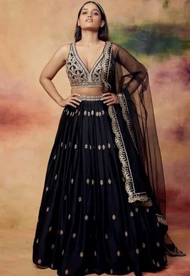 Black and gold embroidered satin lehenga - Image 1 of 3