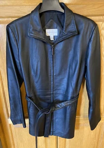 Worthington Women's Black Leather Belted Zipper Jacket - Size Medium Nice! - Picture 1 of 4