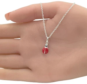 Red Ladybug Pendant Necklace Solid 925 Sterling Silver - Picture 1 of 10
