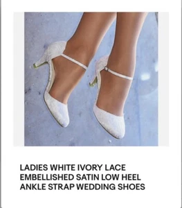 LADIES WHITE IVORY LACE EMBELLISHED SATIN LOW HEEL ANKLE STRAP WEDDING SHOES - Picture 1 of 3
