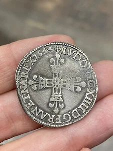Louis XIV Quart d’écu - Titulature côté croix - 1644 - F - Angers - Imagen 1 de 2