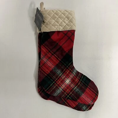 Ralph Lauren Tartan Plaid Christmas Stocking Wool Set Of 2 Red Black Holiday New - Image 1 of 4