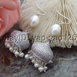 Cultured White Pearl Cluster Earrings Cz Cap