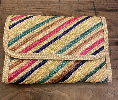 Woven Straw/Jute Multicolored Stripped Clutch Bag Hong Kong Vintage 11X7 Boho - Image 1 of 4