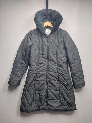 Weather Tamer Puffer Coat Women’s Small Black Hooded Faux Fur Trim Zip Jacket - Image 1 of 4