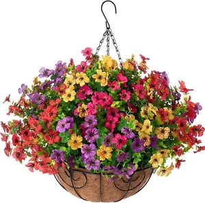Artificial Faux Hanging Plants Flowers Basket for Summer Outdoor Outside Decorat - Picture 1 of 8