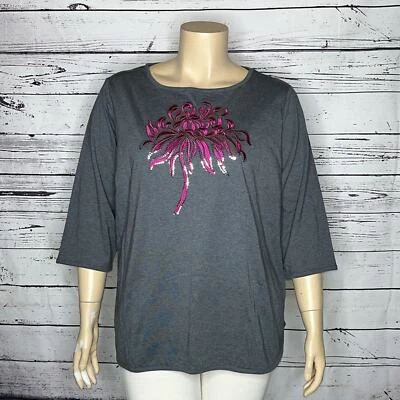 Bob Mackie Usable Art Nuevo con Etiquetas Talla 2X Gris - Lentejuelas Floral Bordado Tejido Top Foto 1 de 4