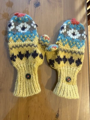 Wooden Ships Wool Knit Convertible Mittens Flip Top Gloves Yellow MulticolorBoho - Image 1 of 3