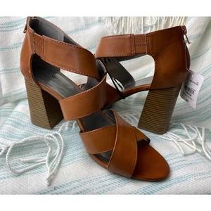 Worthington Women's Size 11 Zip Back Tan Wide Strap 4" Chunky Bohemian Heels - Picture 1 of 12