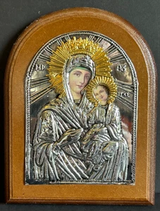VTG Greek Orthodox Madonna And Child Iconography Metal Over Wood Art Plaque - Picture 1 of 9