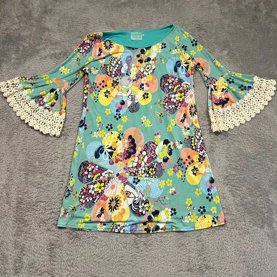 Anthropologie Judith March Shift Dress Women's Large Lined Bell Crochet Sleeve - Image 1 of 4