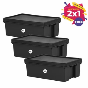 Buy 2 Get 1 Free 36L Black Storage Box With Lid Heavy Duty Recycled Plastic Home - Picture 1 of 11