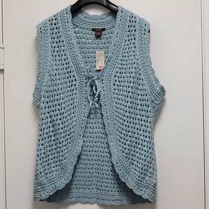 Vintage HeatherB Womens Crochet Vest 2X Plus Open Knit Tie Up Dillards Old Stock - Picture 1 of 14
