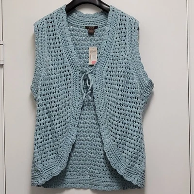 Vintage HeatherB Womens Crochet Vest 2X Plus Open Knit Tie Up Dillards Old Stock - Image 1 of 4