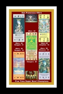 SAN FRANCISCO 49ERS MATTED PHOTO OF ALL 5 SUPER BOWL TIX W/RINGS &JOE MONTANA #2 - Picture 1 of 1