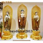 Buddhism White Marble 24K Gold  three Sages Sakyamuni Buddha Bronze Statue Set