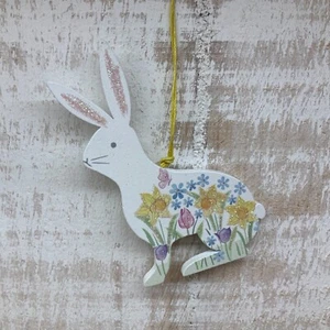 Wood Hanging Bunny Rabbit With Daffodils Flower Easter Decoration Gisela Graham - Picture 1 of 4