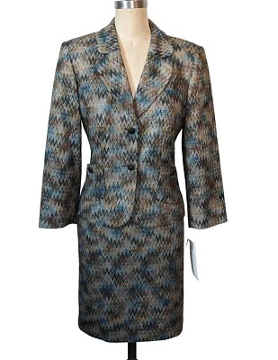 VTG Travis Ayers 8 Green Zig Zag Silk Rayon Stretch 2 PCS Skirt Suit Career NEW - Image 1 of 4