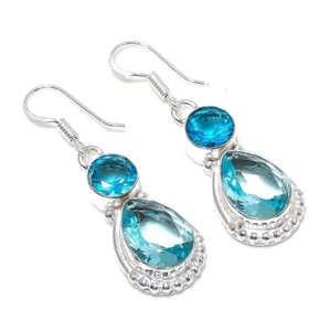 Aquamarine Gemstone Handmade 925 Sterling Silver Jewelry Earring Sz 1.7'' - Picture 1 of 1