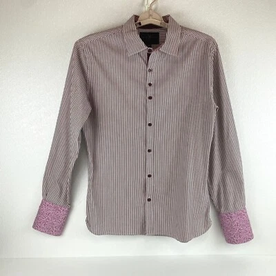 Camisa Marc Ecko Para Hombres Mediana Rayas Puño Abatible Paisley Granate Blanca Abotonada Foto 1 de 4