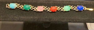 Lovely Vintage Glass Scarab Egyptian Revival Link Bracelet 8”