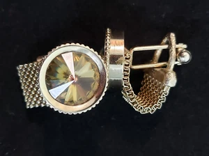 Vintage 70's Gold Mesh Wrap Cufflinks Round Rhinestone Amber Prism Crystal - Bild 1 von 7