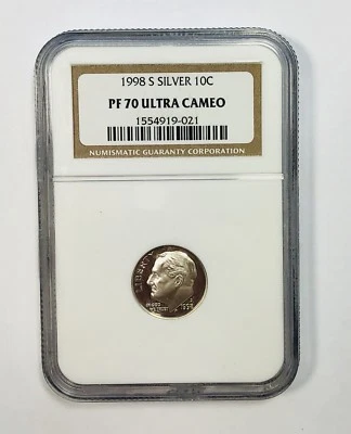 1998 S Silver 10c DIME NGC PF70 ULTRA CAMEO Brown Label - Ships Fast - Image 1 of 2