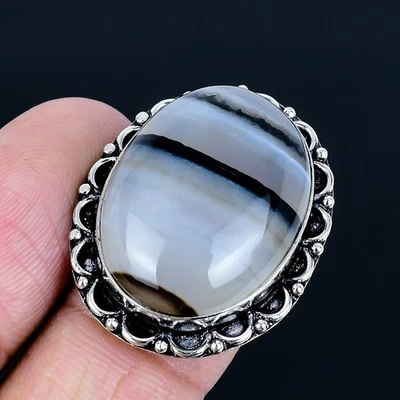Anillo hecho a mano de ágata 925 con bandas enchapado en plata talla 7,5 de EE. UU. Foto 1 de 3