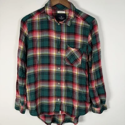 Женские фланелевые American Eagle Outfitters большого размера для бойфренда зеленые красные - Изображение 1 из 4