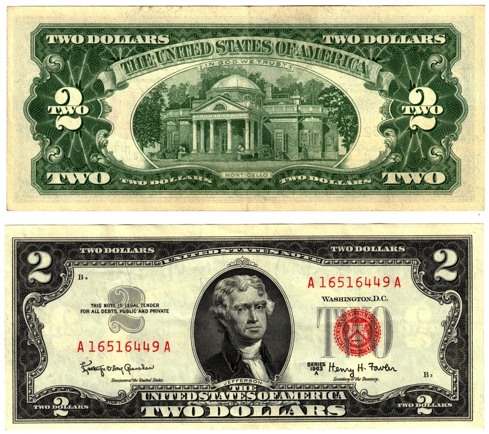 1963 A USA 2 Dollar Banknote UNITED STATES AMERICA Red Seal P382a G + Fowler - Image 1 of 1