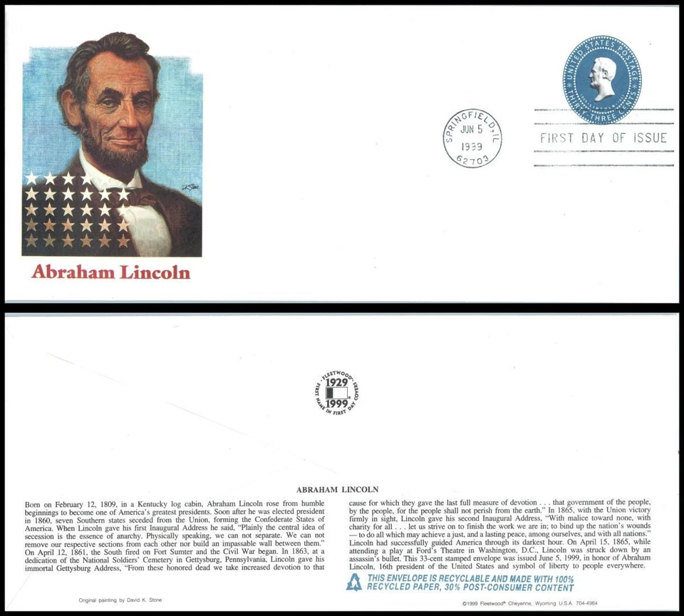 1999 President Abraham Lincoln 33c stationery Sc U645 FDC with Fleetwood cachet - Image 1 of 1