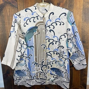 Zitrone Santa Monica Seide elfenbeinblau Koi Fisch Druck Knopf Shirt Top Damen 2X - Bild 1 von 10